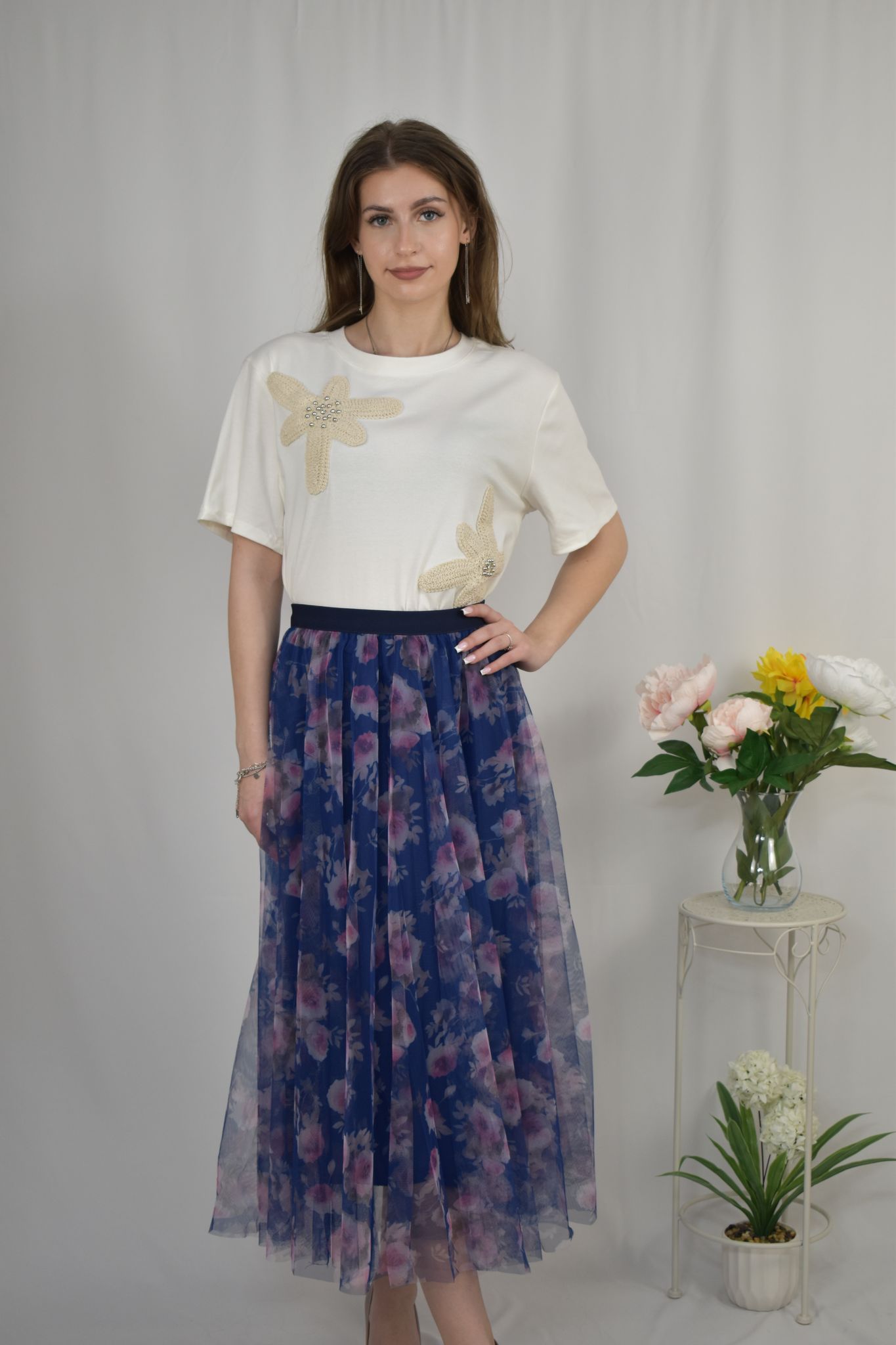 Fustă midi din tull cu imprimeu floral - current